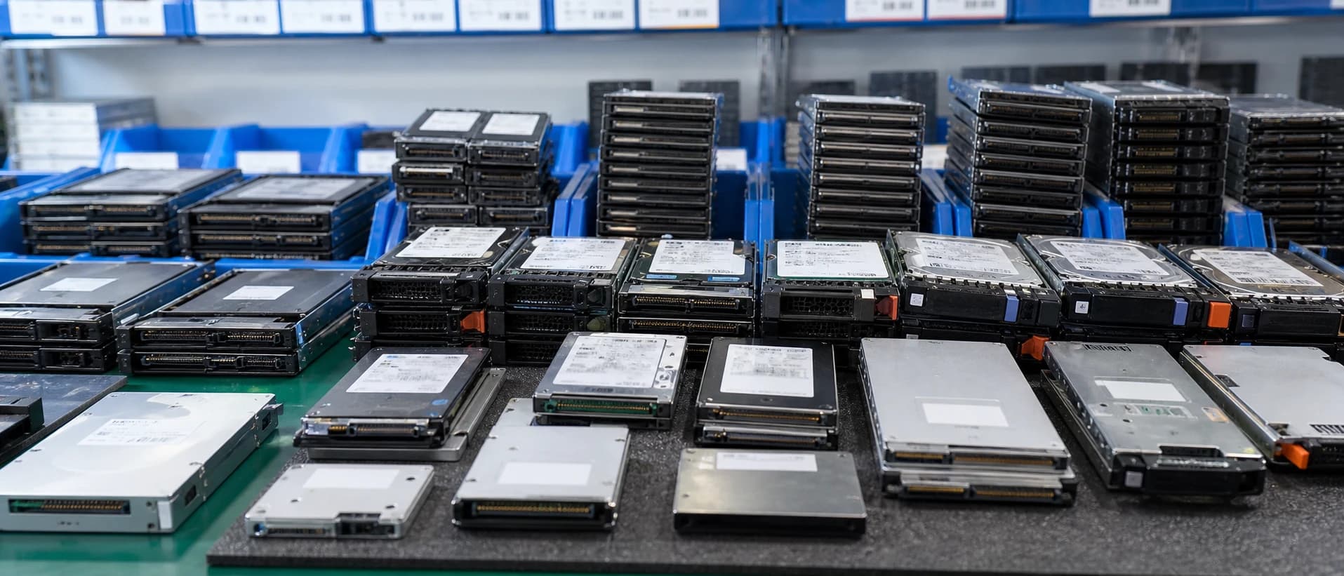 Enterprise drives grouped on a warehouse workbench