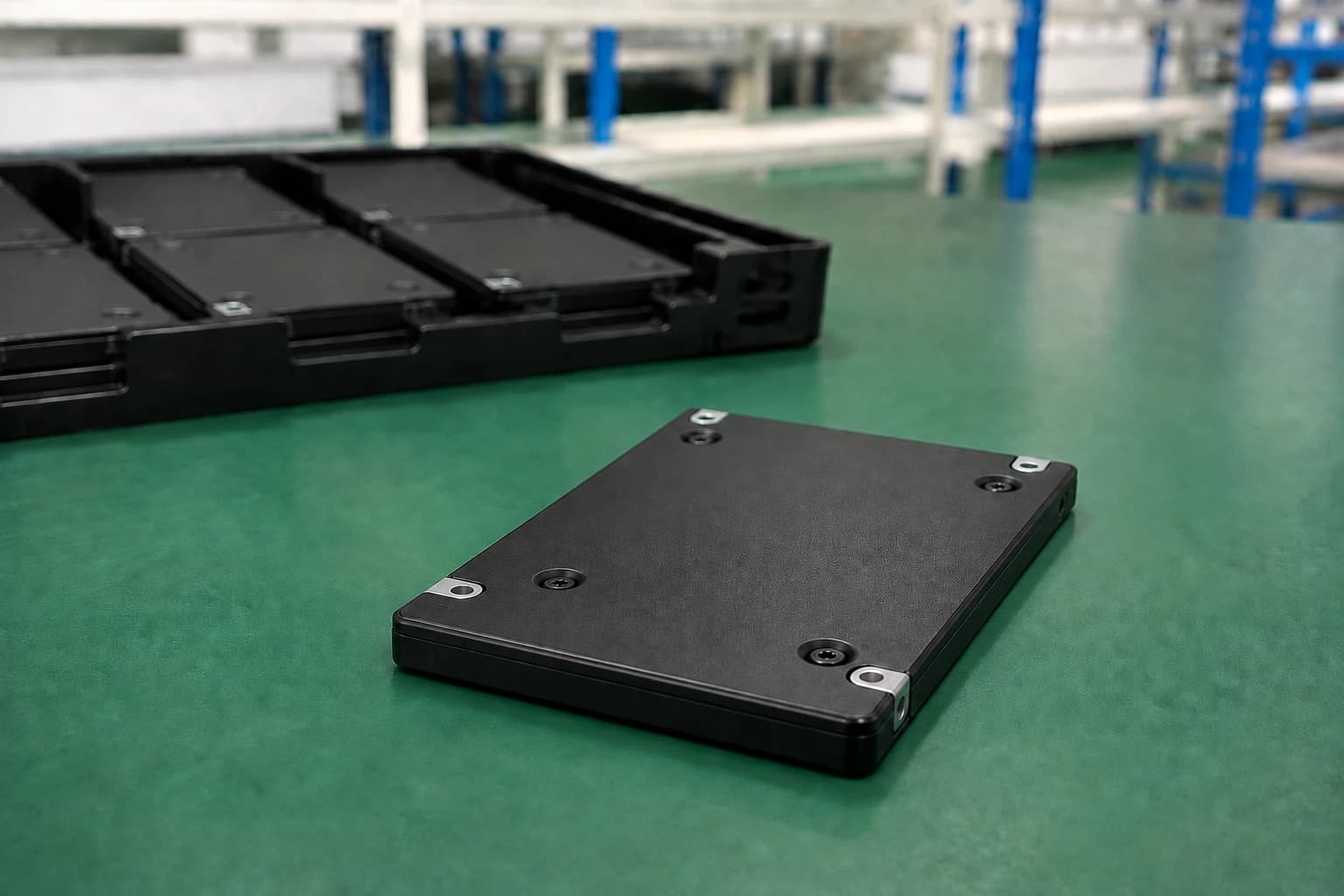Illustrative underside view of a Samsung PM9A3 7.68 TB U.2 SSD lying flat on a green workbench, with a black fitted drive tray in the background