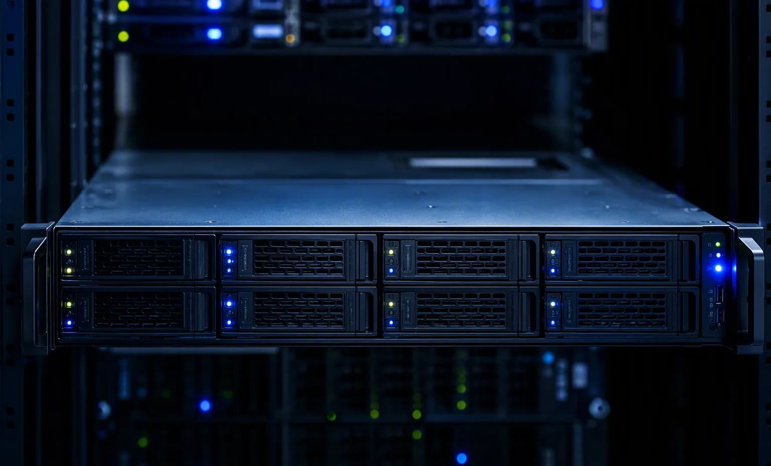 2U rack platform — drive bays and status LEDs