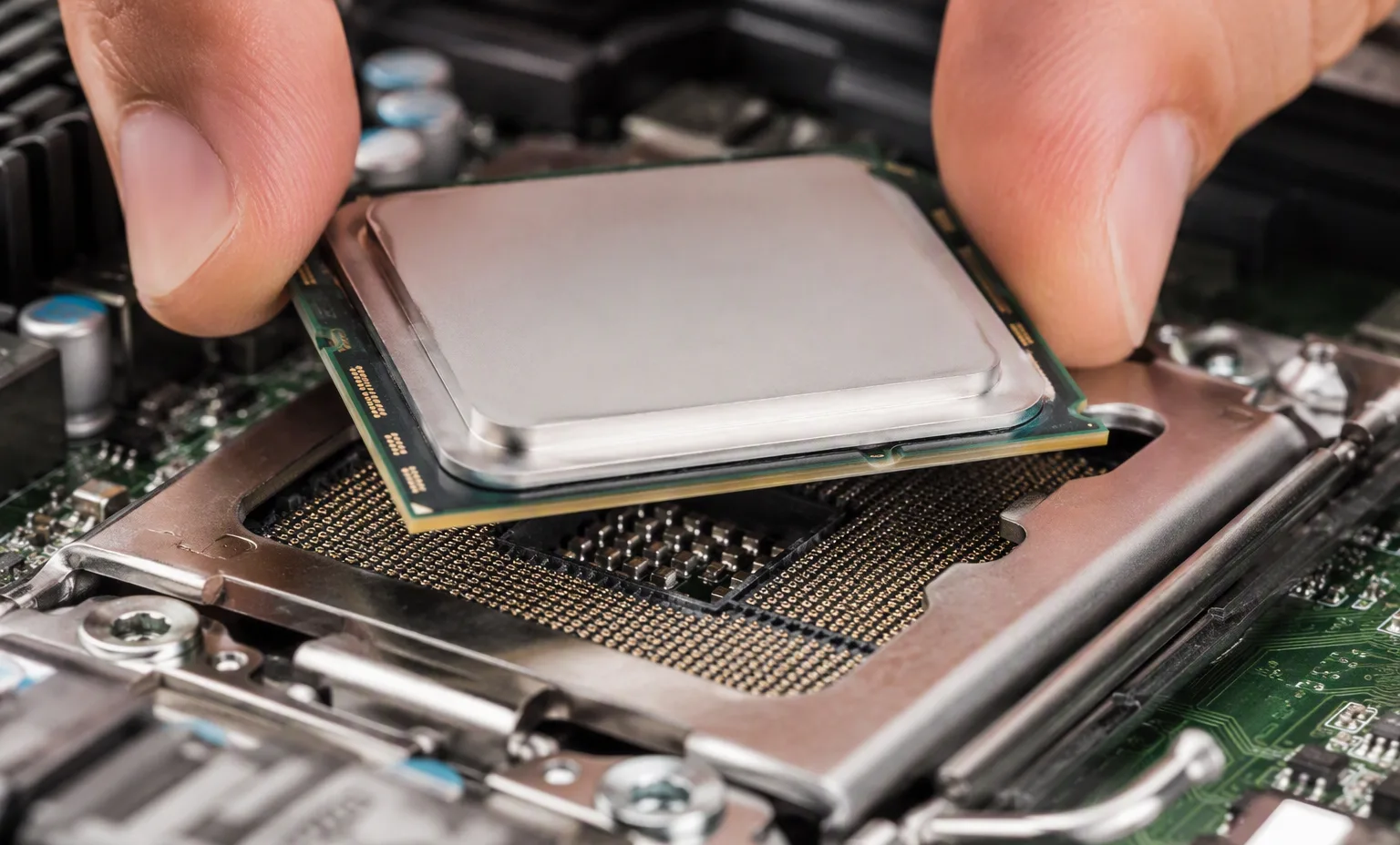 CPU socket close-up during board assembly