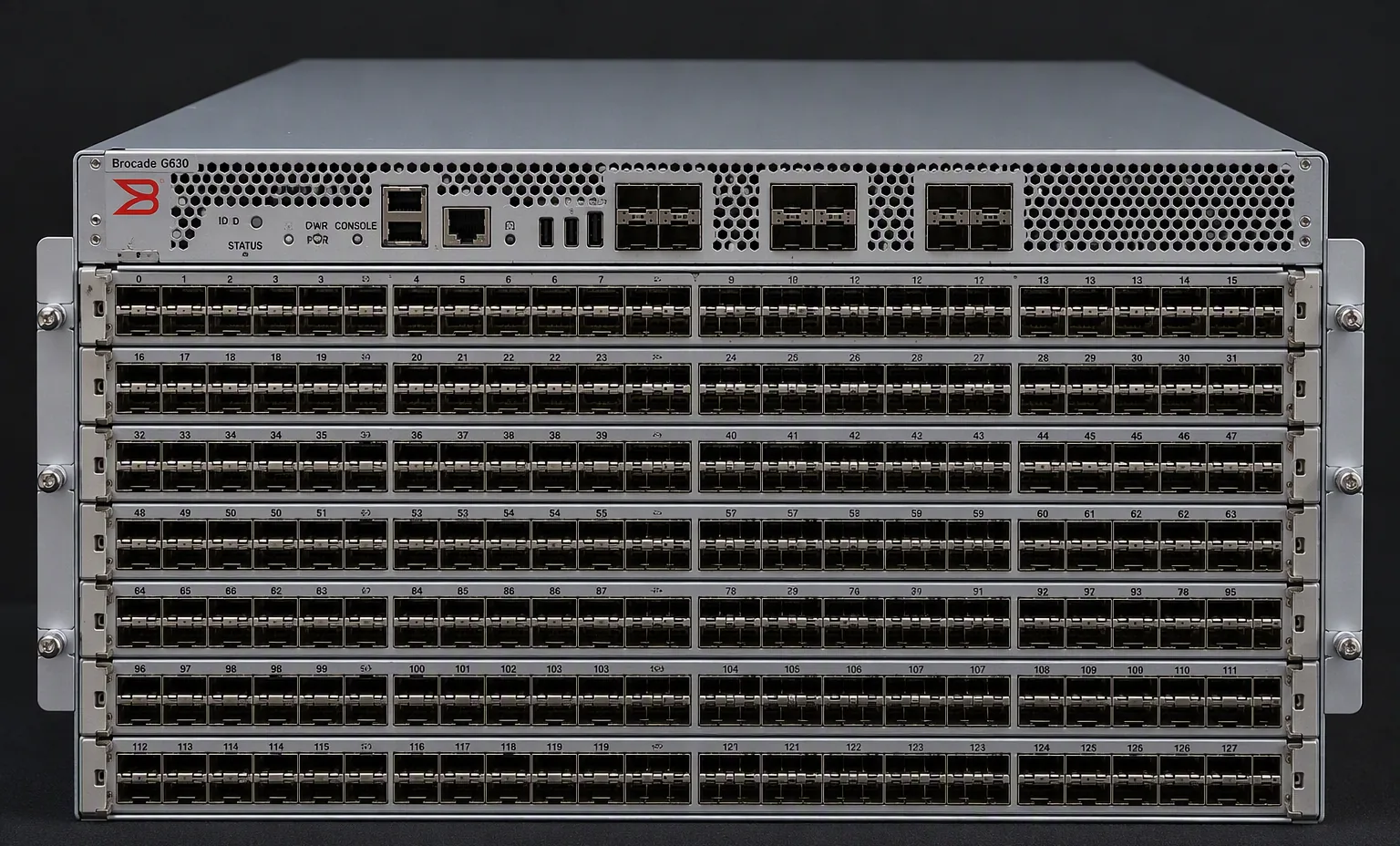 Brocade G630 128-port 32G FC SAN switch 4U chassis, front view with ports and SFPs, dark studio.