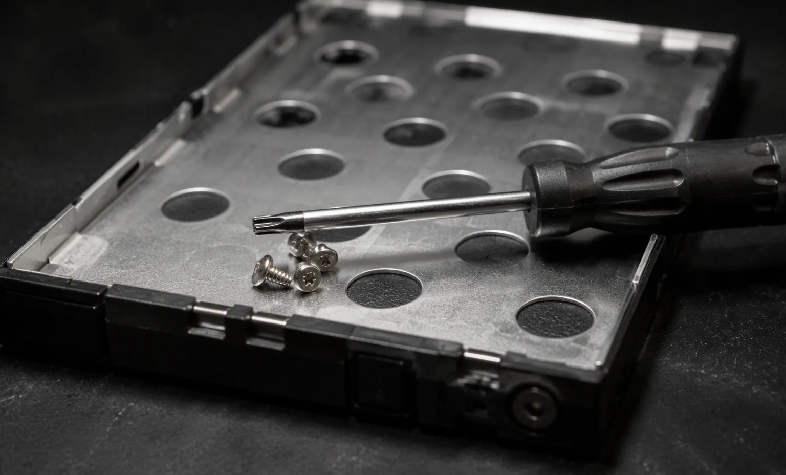Torx drive mounting screws and a screwdriver on a caddy tray, dark bench macro.