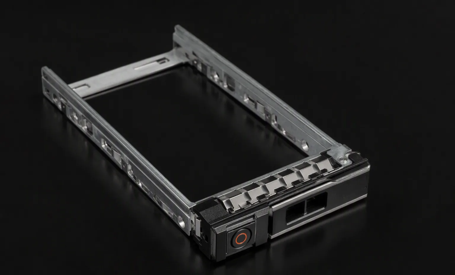 Dell 15th generation 2.5 inch hot-swap drive caddy tray empty, dark studio product shot.