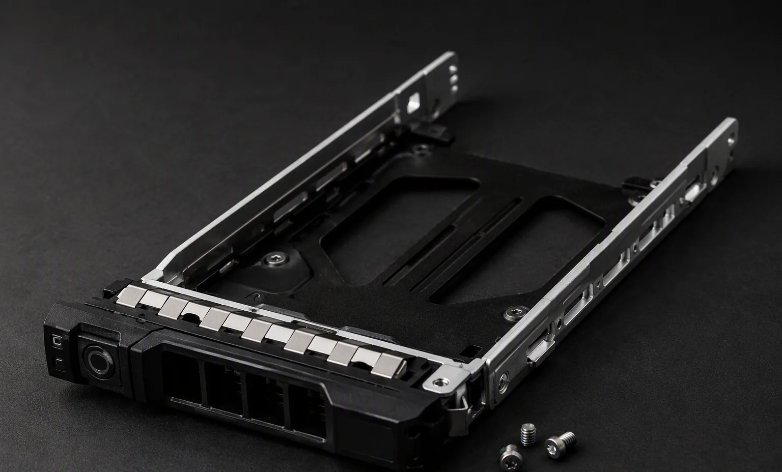 Dell 14th generation 3.5 inch LFF hot-swap drive carrier tray with screws, dark studio.