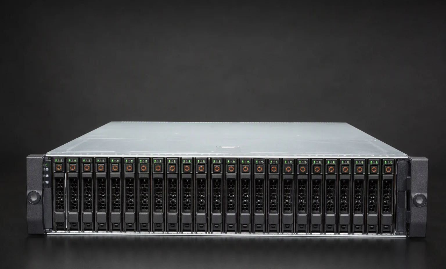 Dell PowerVault MD1420 2U 24-bay 2.5-inch SFF SAS JBOD expansion enclosure, front view showing dense drive bays, dark studio background.