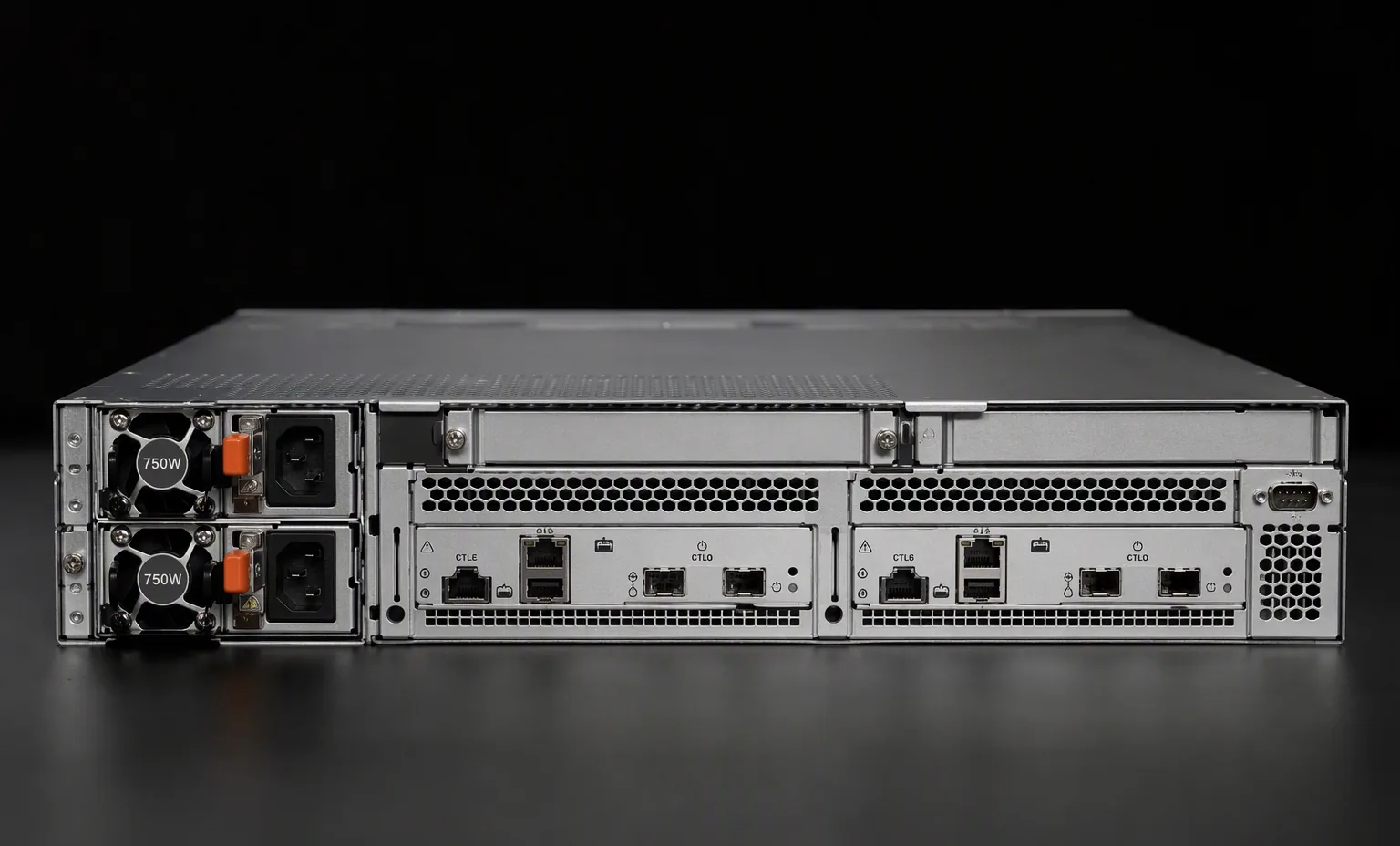 rear panel of a Dell PowerVault ME5012 storage array, dual hot-swap PSU modules on the left, dual controller modules with RJ45 and SFP ports in the middle, correct 2U 19-inch chassis proportions, dark studio.