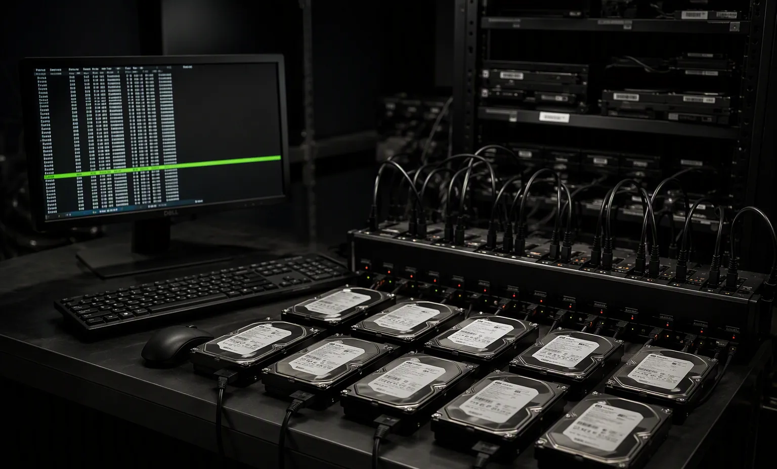 Photorealistic photograph of an enterprise drive sanitization bench with multiple HDDs connected to a diagnostic PC, dark lab.
