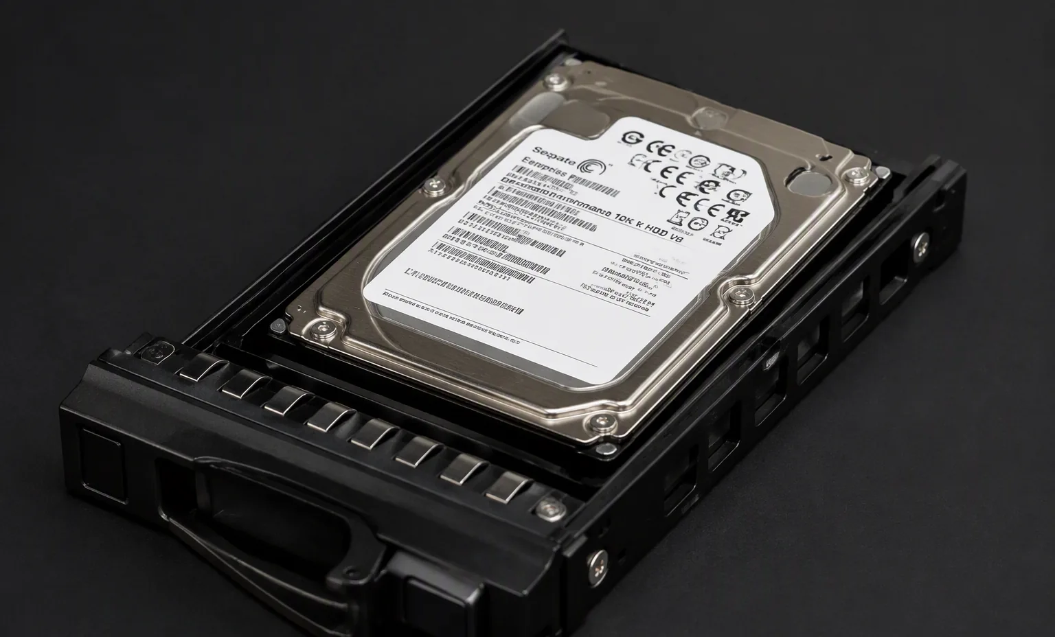 2.5 inch enterprise 10K SAS drive in a 3.5 inch adapter caddy tray, dark studio product shot.