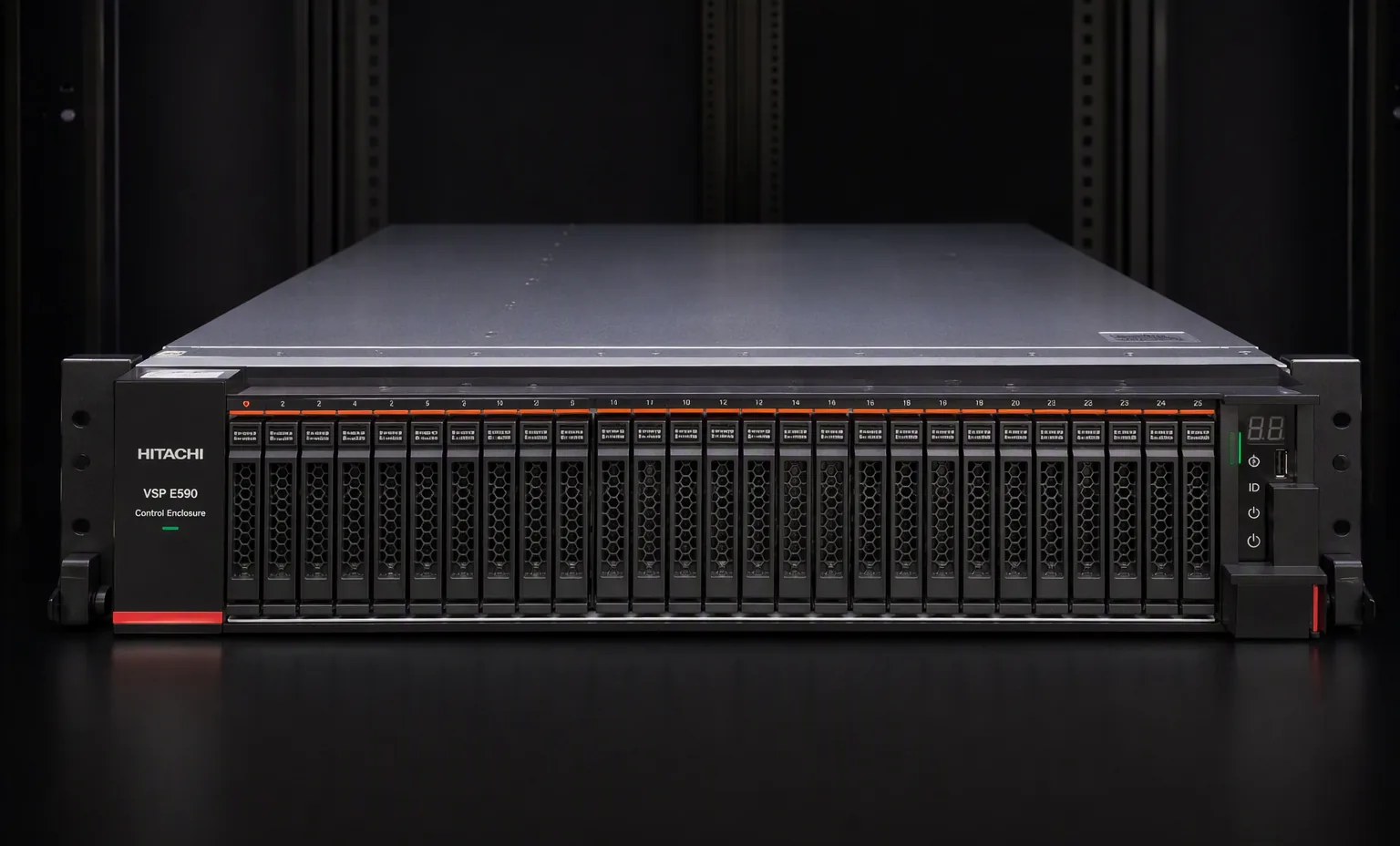 Hitachi Vantara VSP E590 2U storage system controller enclosure, front panel with drive bays, dark enterprise studio.