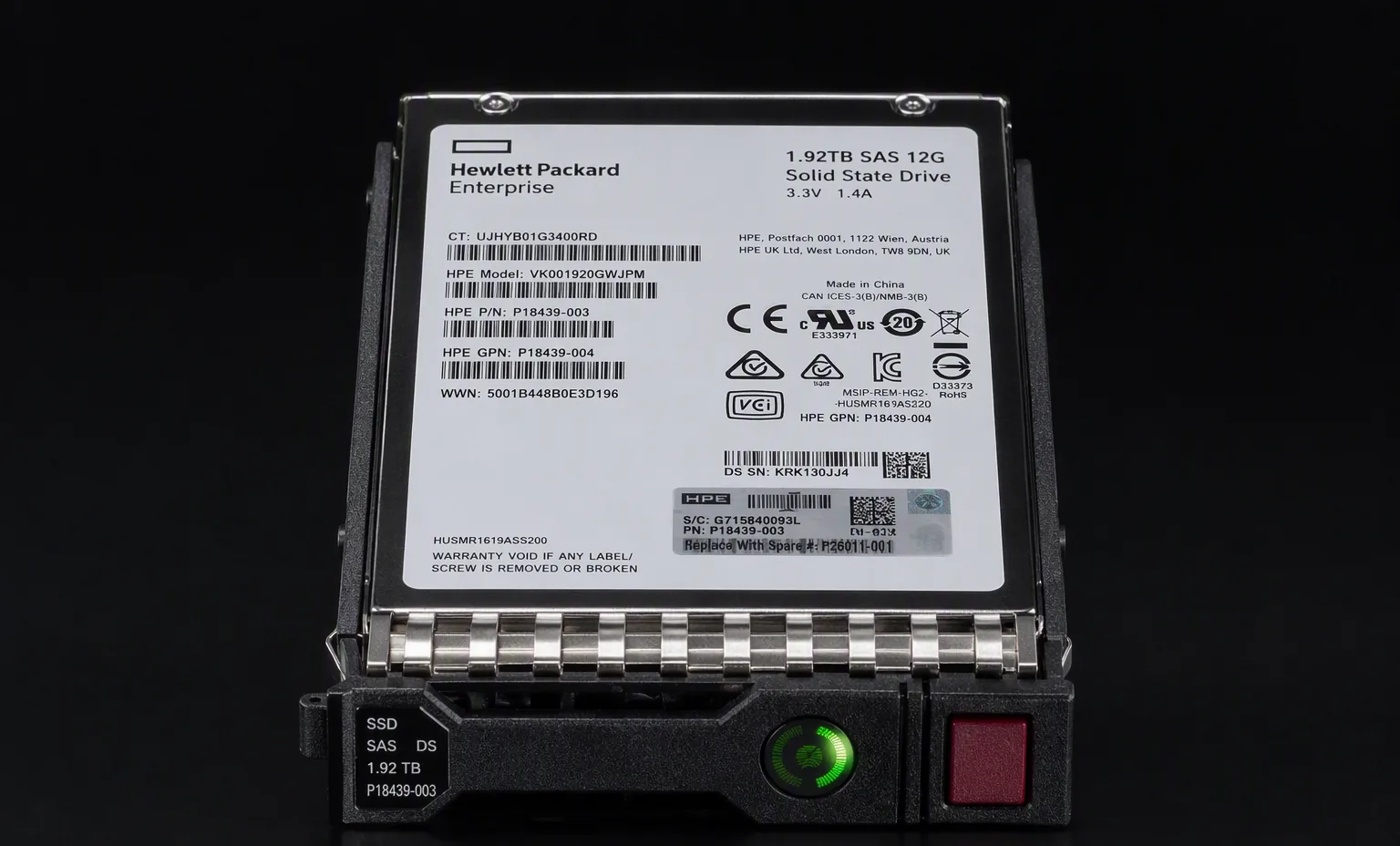 HPE 1.92TB SAS 12G SSD installed in an HPE Gen10 smart carrier caddy, front view with activity LED, dark studio.