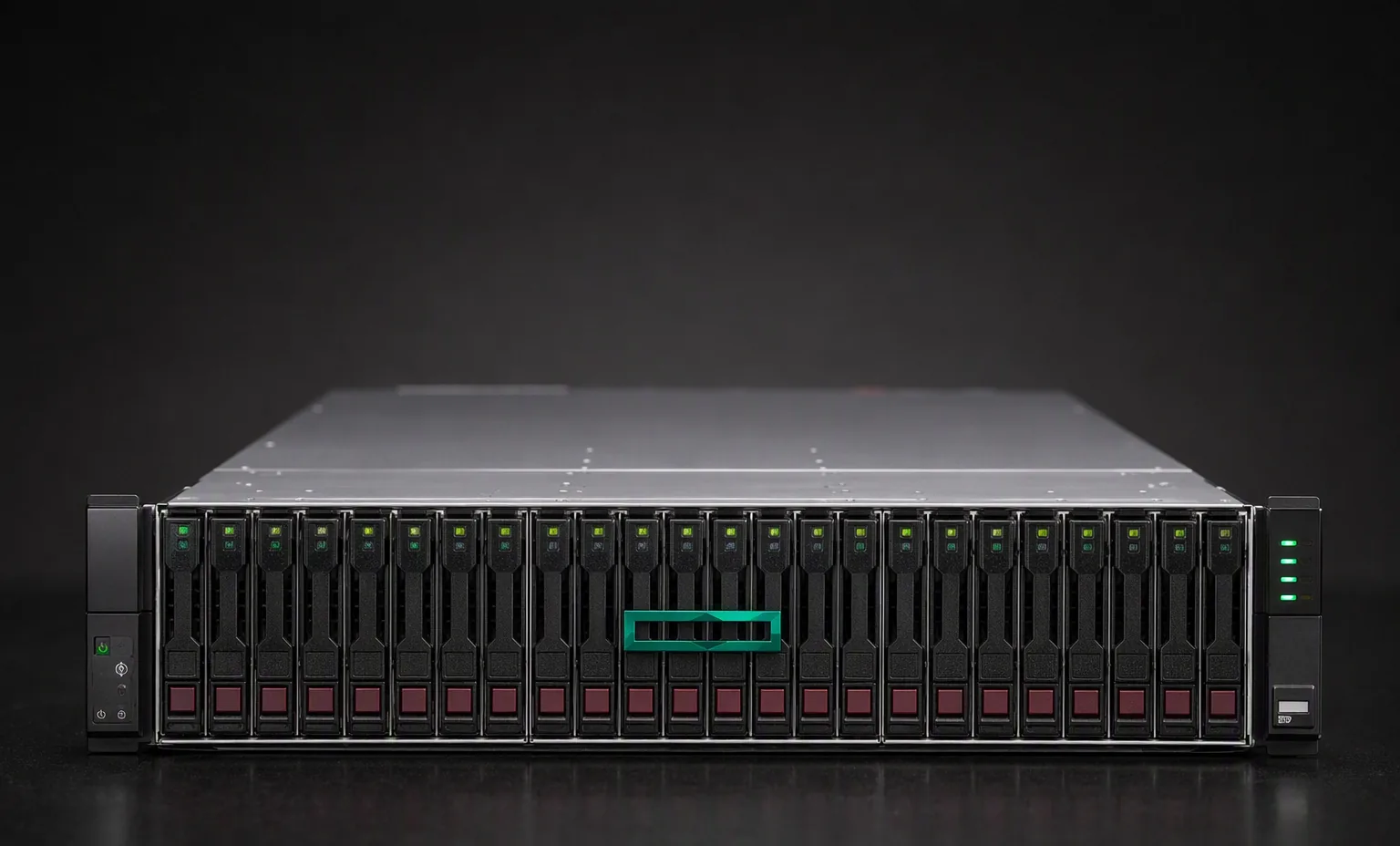 HPE Alletra 6030 2U 24-bay SFF NVMe storage array, front panel view, dark professional product photography.