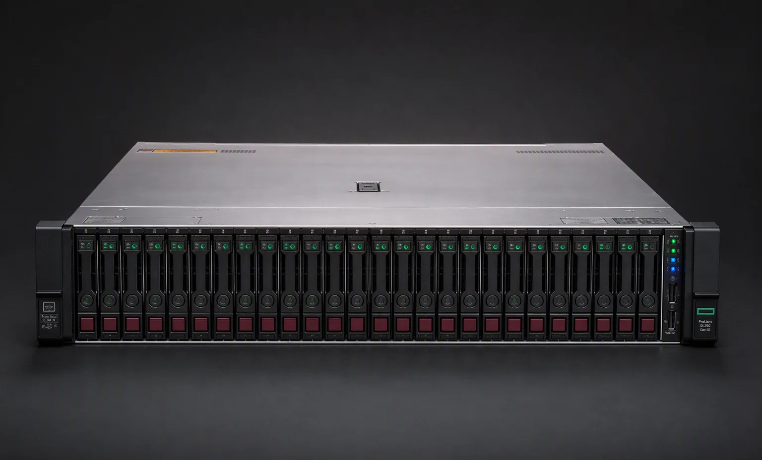 HPE ProLiant DL380 Gen10 2U server with 24 small form factor drive bays, front bezel view, dark studio background.