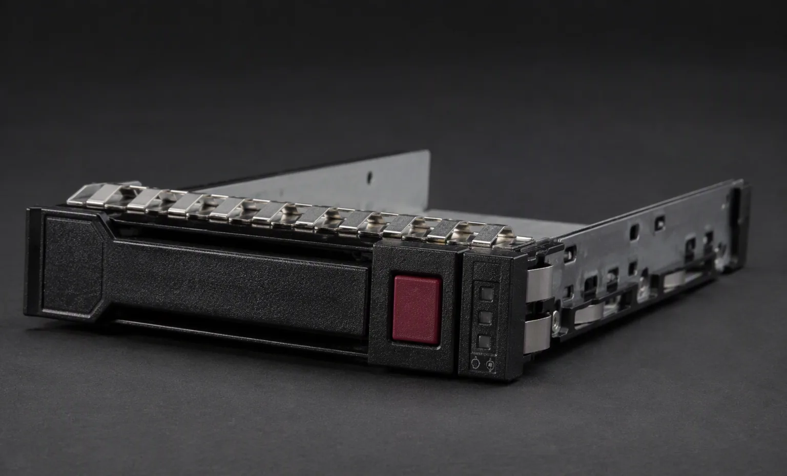HPE Gen10 3.5 inch LFF smart carrier caddy with status LED strip, dark studio.