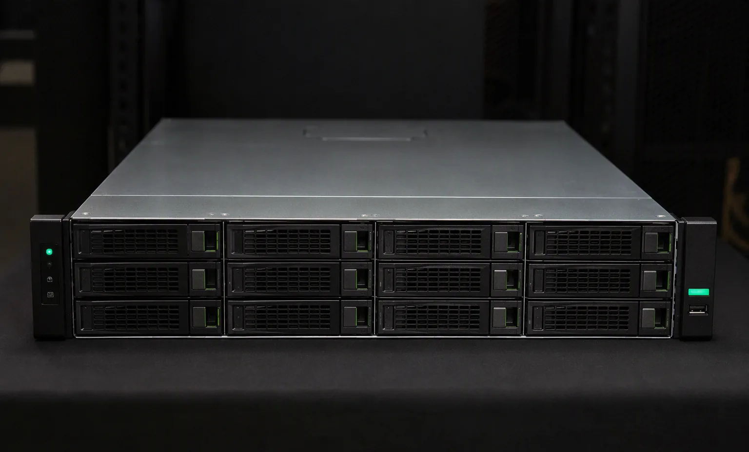 HPE MSA 1060 entry storage array LFF 12-bay 2U chassis, front bezel and drive bays, dark professional product photography.