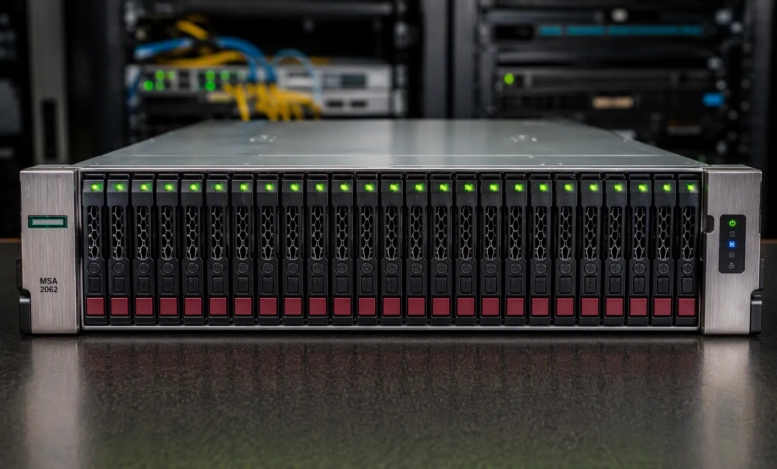 HPE MSA 2062 2U 24-bay SFF storage array, brushed metal front panel with drive carriers and LED status row, enterprise hardware studio shot.