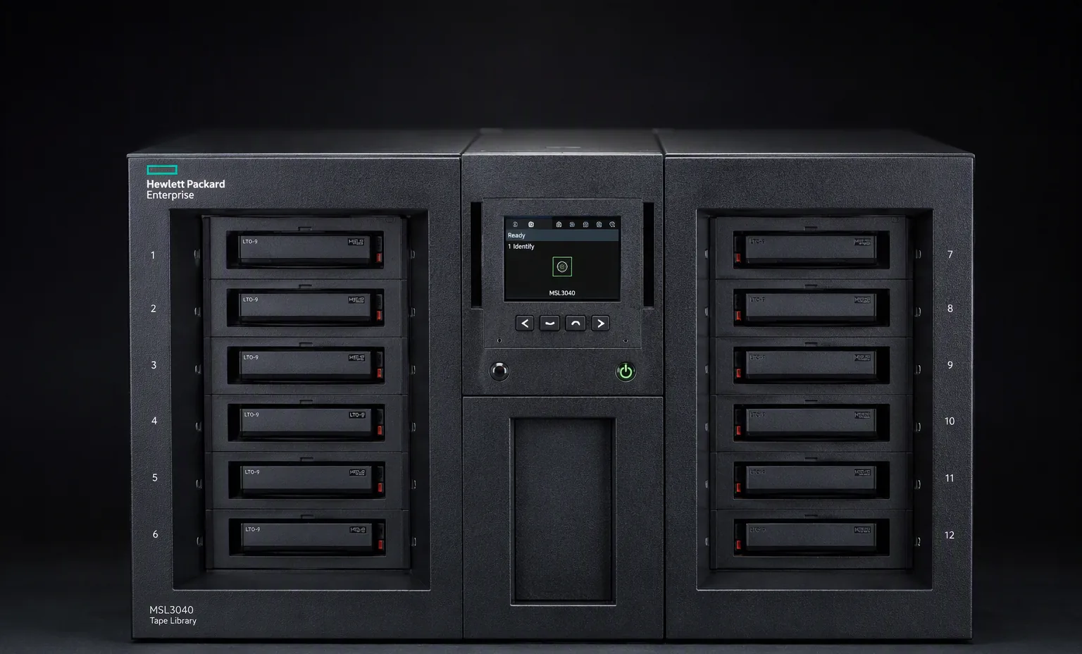 HPE StoreEver MSL3040 tape library with LTO-9 drive and cartridge slots, front view, dark studio.