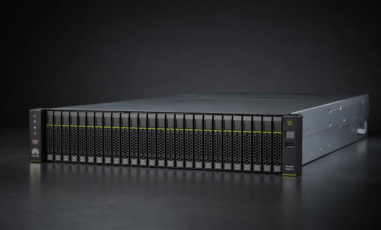 Huawei OceanStor Dorado 5000 V6 2U all-flash storage system, front bezel with drive bays, dark enterprise studio.