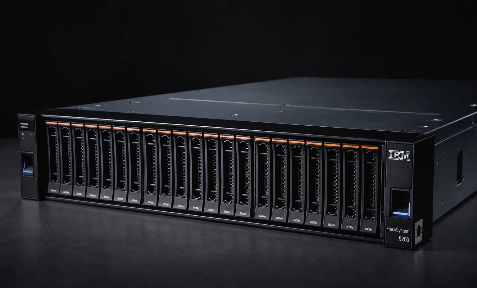 IBM FlashSystem 5200 2U all-flash array, front panel with drive bays and IBM branding style, dark enterprise studio.