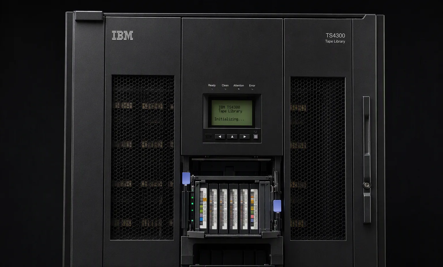 IBM TS4300 LTO tape library with open magazine showing LTO cartridges, dark studio enterprise shot.
