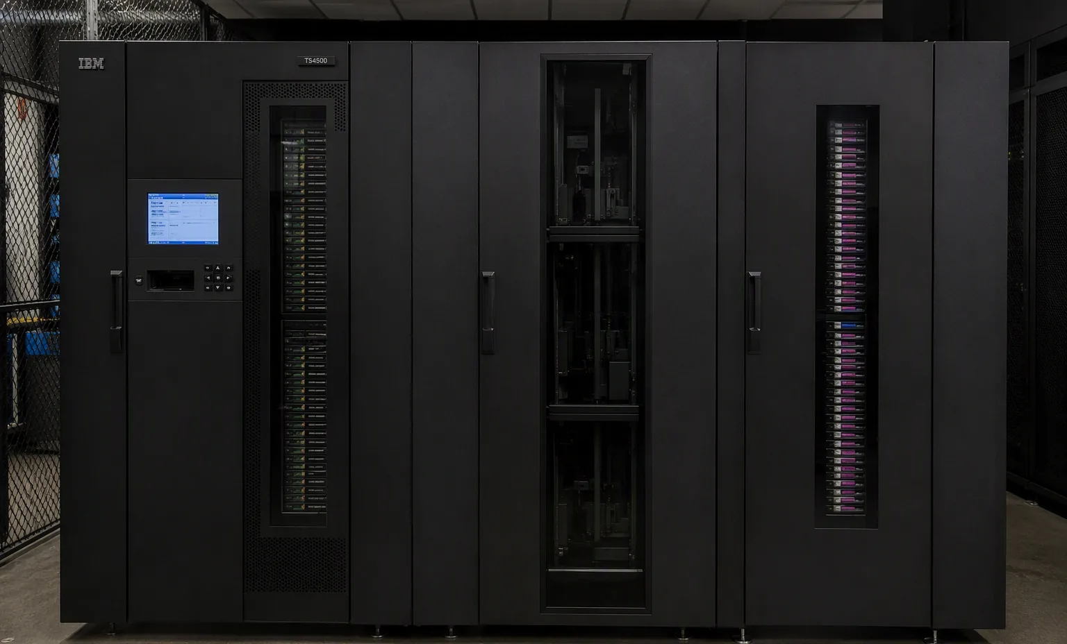 IBM TS4500 enterprise tape library frame with LTO drive bays and cartridge magazines visible, dark data center.