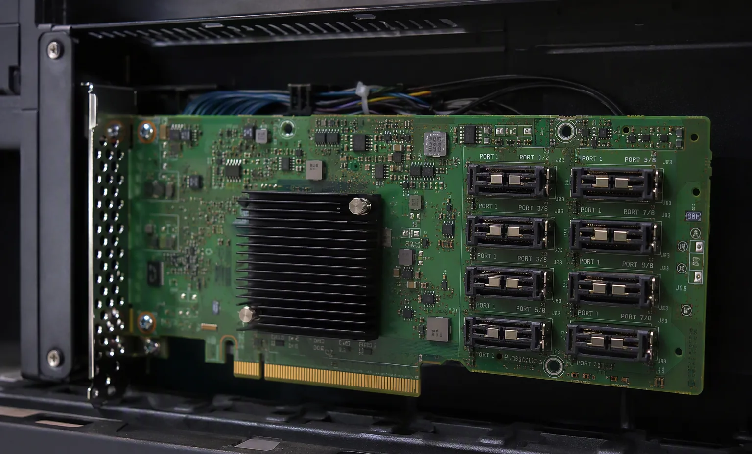 SAS expander board with multiple SFF-8643 ports inside a JBOD enclosure, dark interior lighting.