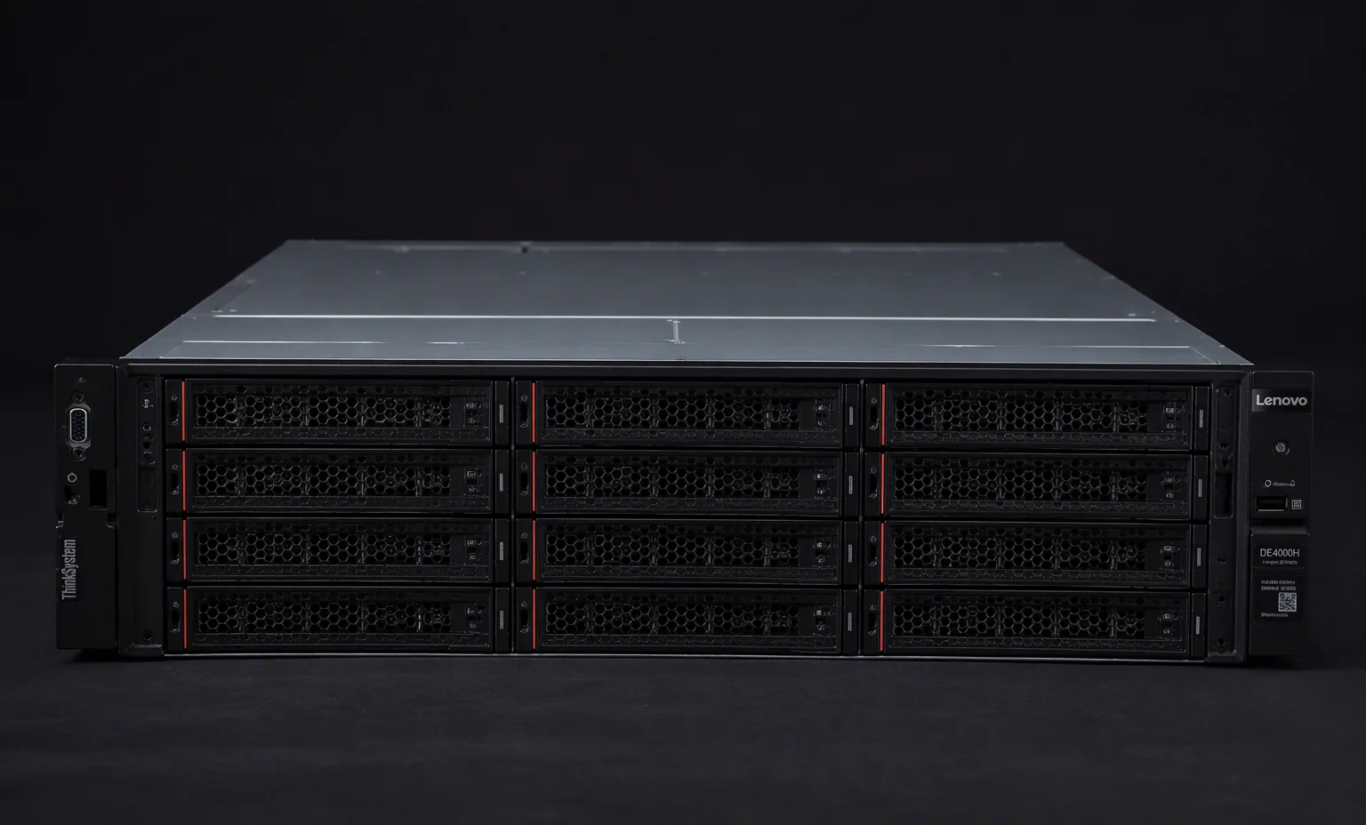 Lenovo ThinkSystem DE4000H hybrid storage array 2U 12-bay LFF, front view, dark professional hardware photography.