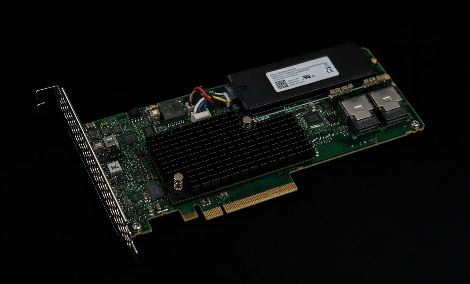 Broadcom MegaRAID 9560-16i 12Gb/s SAS RAID controller with cache module and battery, dark product shot.