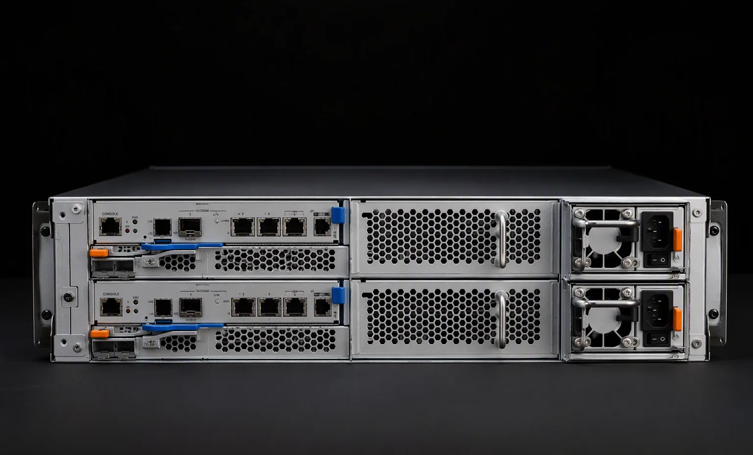 rear panel of a NetApp AFF A250 array, two controller modules with ports and dual hot-swap power supplies, correct 2U 19-inch chassis proportions, dark studio.