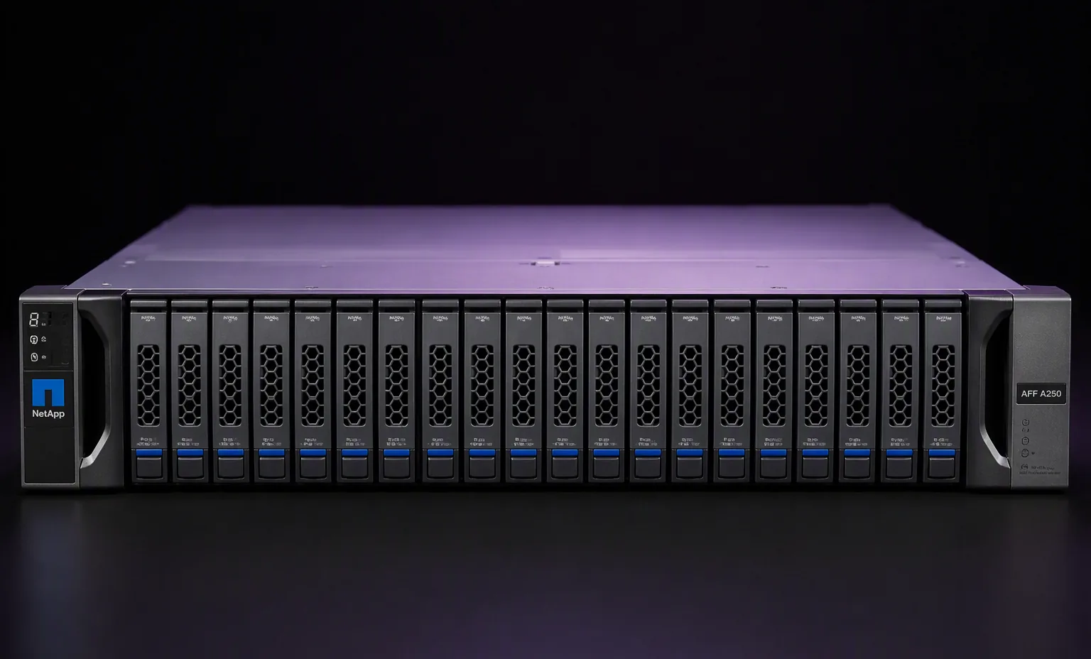 NetApp AFF A250 2U NVMe flash array, front view with 24 drive bays and NetApp styling, dark studio, enterprise storage product shot.