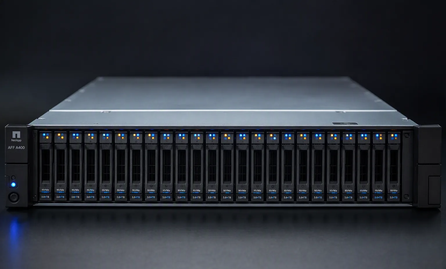 NetApp AFF A400 3U NVMe flash array, front view with drive bays, dark professional hardware studio.
