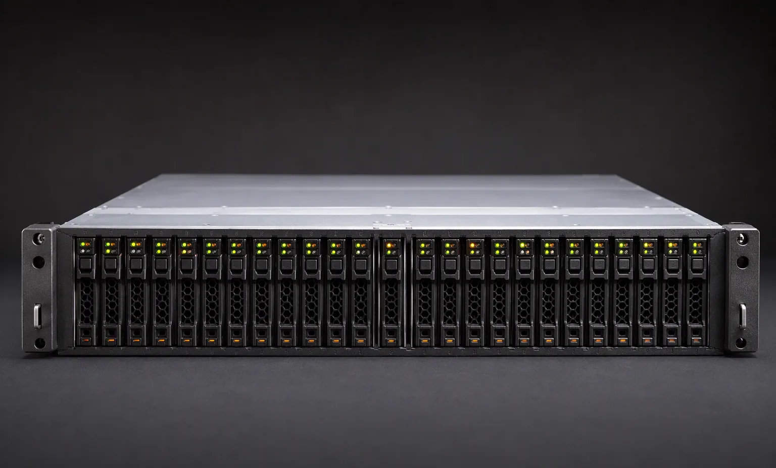 NetApp DS224C 2U 24-bay SAS disk shelf, front view dense 2.5 inch bays with LEDs, dark studio background.