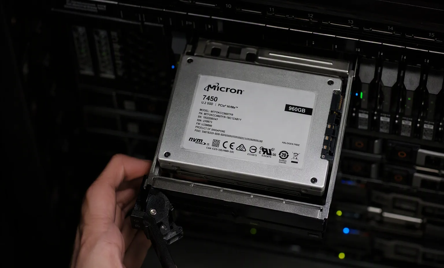 U.2 NVMe drive being inserted into a server hot-swap bay tray, close-up, dark rack interior.