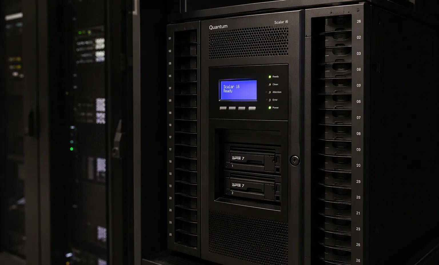 Quantum Scalar i6 enterprise tape library chassis with tape drives and slots, dark data center environment.