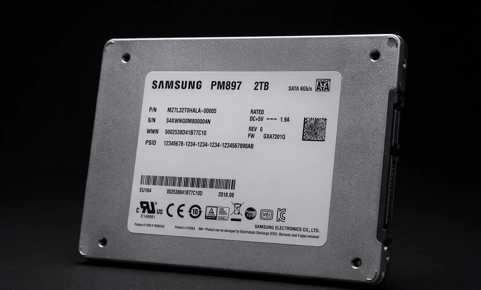 Samsung PM897 enterprise SATA SSD 2.5 inch aluminum case, three-quarter view, dark studio.