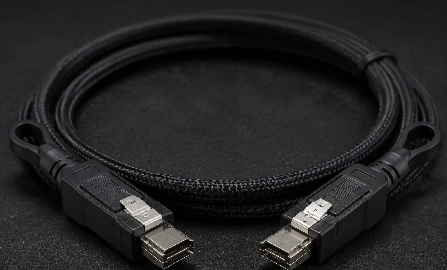 Mini-SAS HD SFF-8644 external cable coiled on dark bench, connector close-up, dark studio.