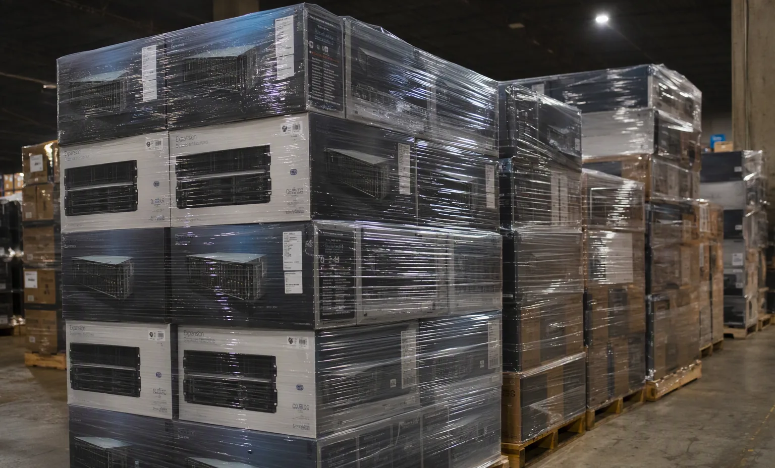 Photorealistic photograph of shrink-wrapped pallets of boxed storage systems and drives in a warehouse, dark industrial lighting.