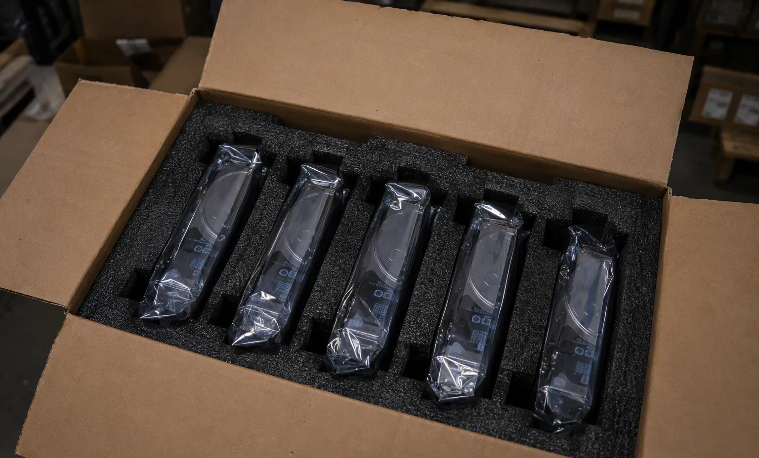 hard drives in anti-static bags nested in custom foam packaging inside a cardboard box, dark warehouse.