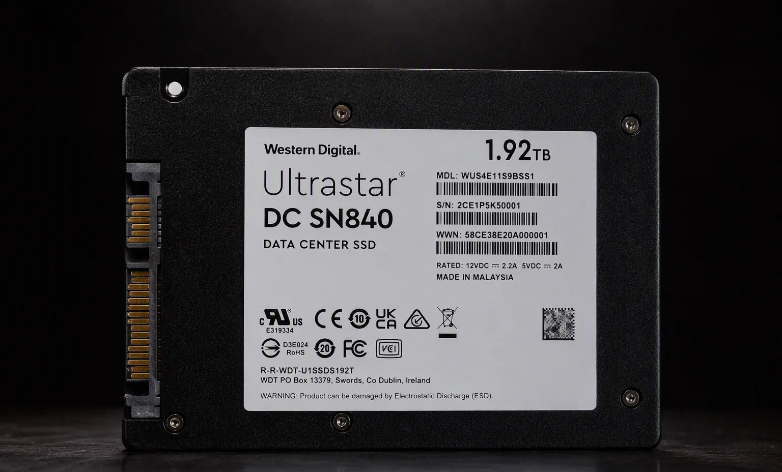 WD Ultrastar DC SN840 1.92TB enterprise U.2 NVMe SSD, label view, dark studio.
