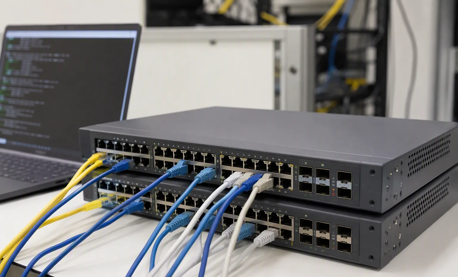 Switches under configuration on the lab bench