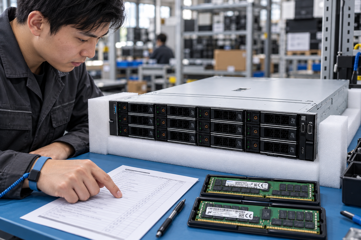 An engineer checks a platform requirement sheet and separate component identification samples