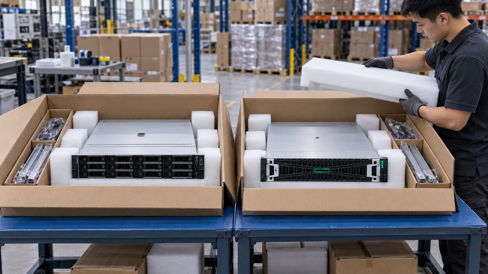 Rack servers individually protected by fitted pearl-foam supports, with accessories packed separately