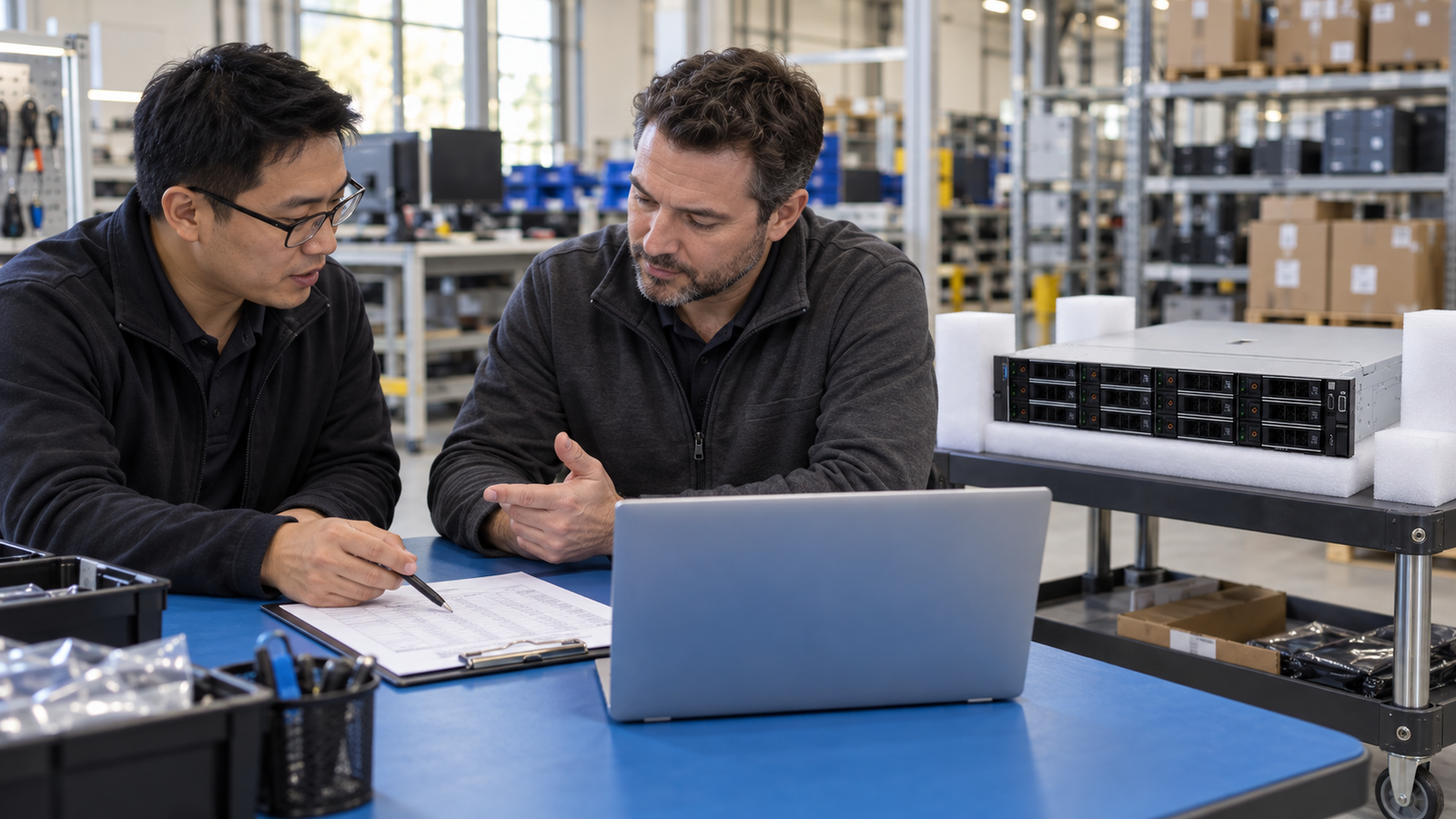 Hardware procurement discussion beside a protected rack server