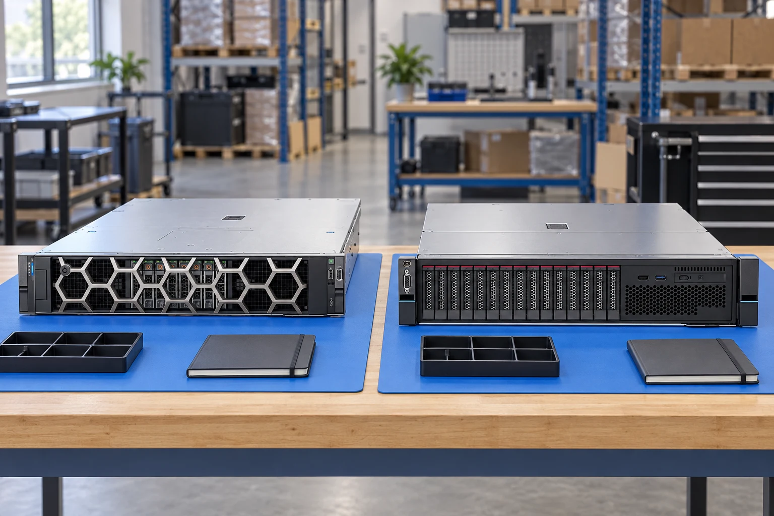Dell R760xa, Lenovo SR650 V3 reference-based warehouse scene; hardware separately supported on blue antistatic mats.