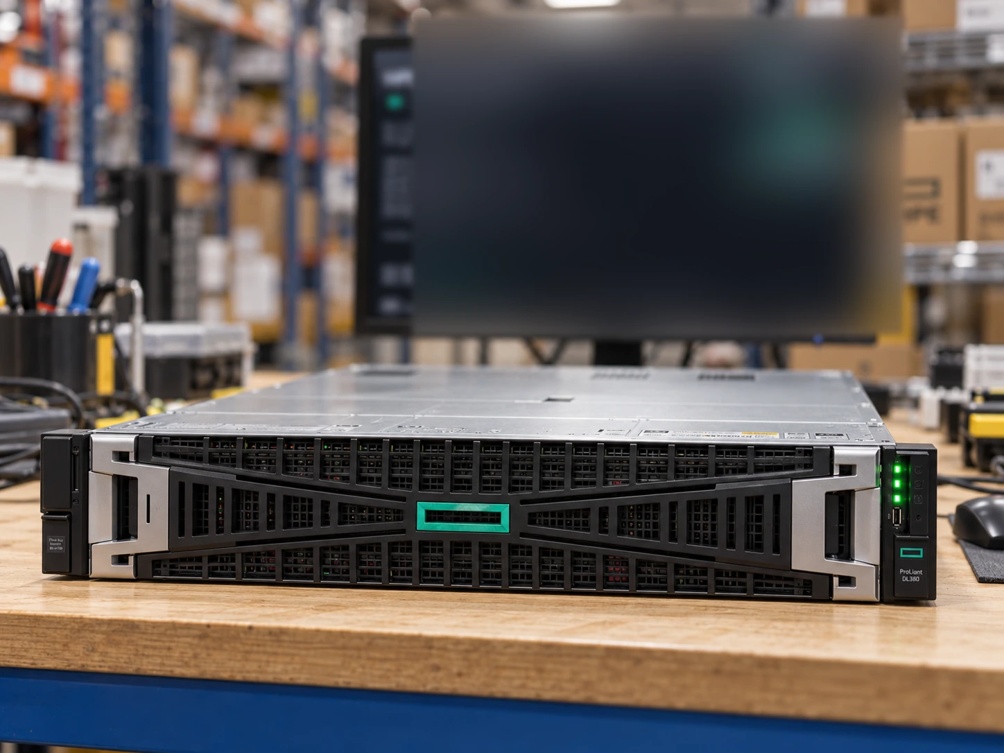 HPE ProLiant workbench / front chassis — AI-generated scene illustration, not an actual inventory photograph