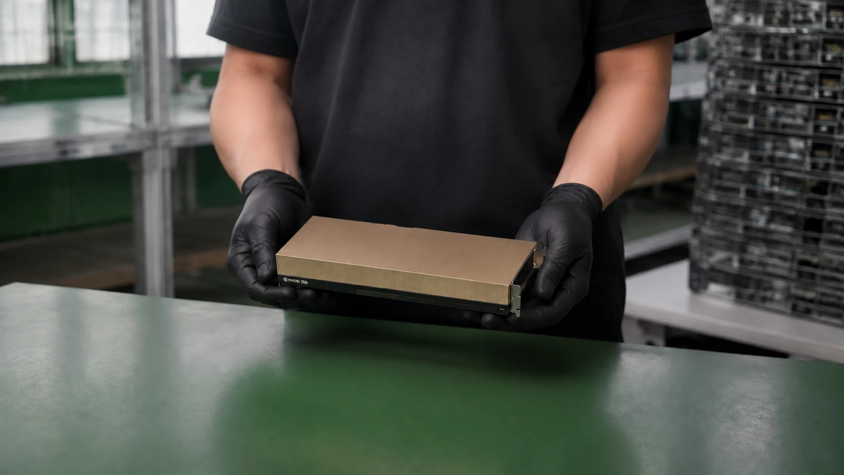 Illustrative presentation of one H200 NVL air-cooled PCIe accelerator supported in two black-gloved hands above a warehouse workbench