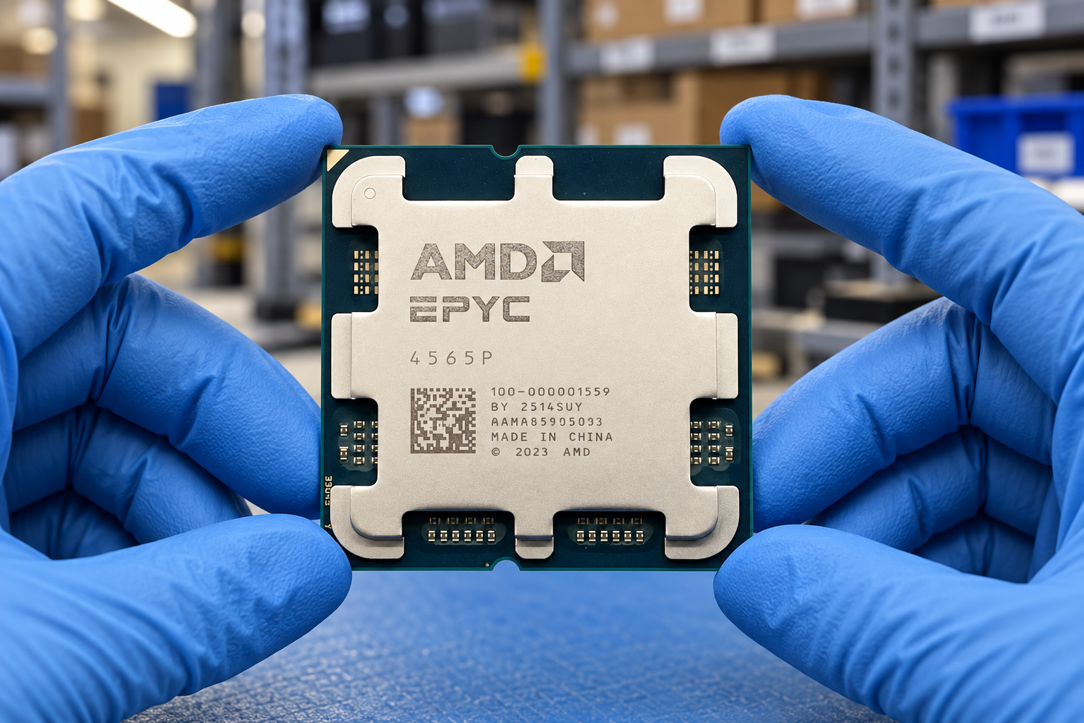 AMD EPYC 4565P held by two blue-gloved hands above a blue electronics workbench; generated scene