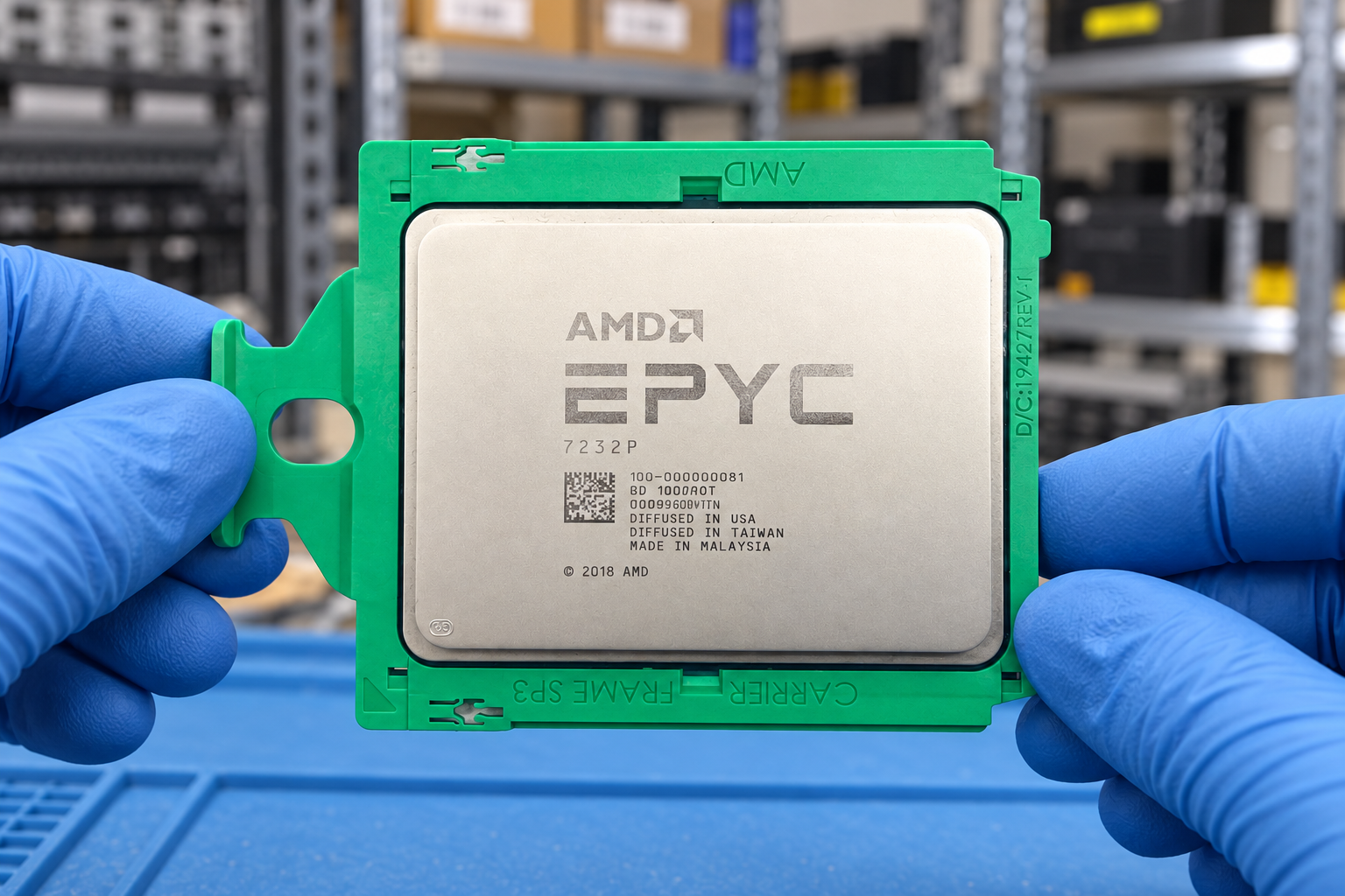 AMD EPYC 7232P held by two blue-gloved hands above a blue electronics workbench; generated scene