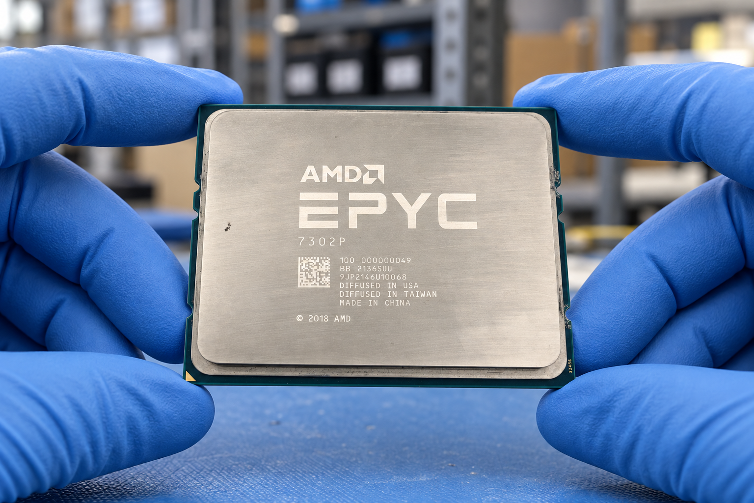 AMD EPYC 7302P held by two blue-gloved hands above a blue electronics workbench; generated scene