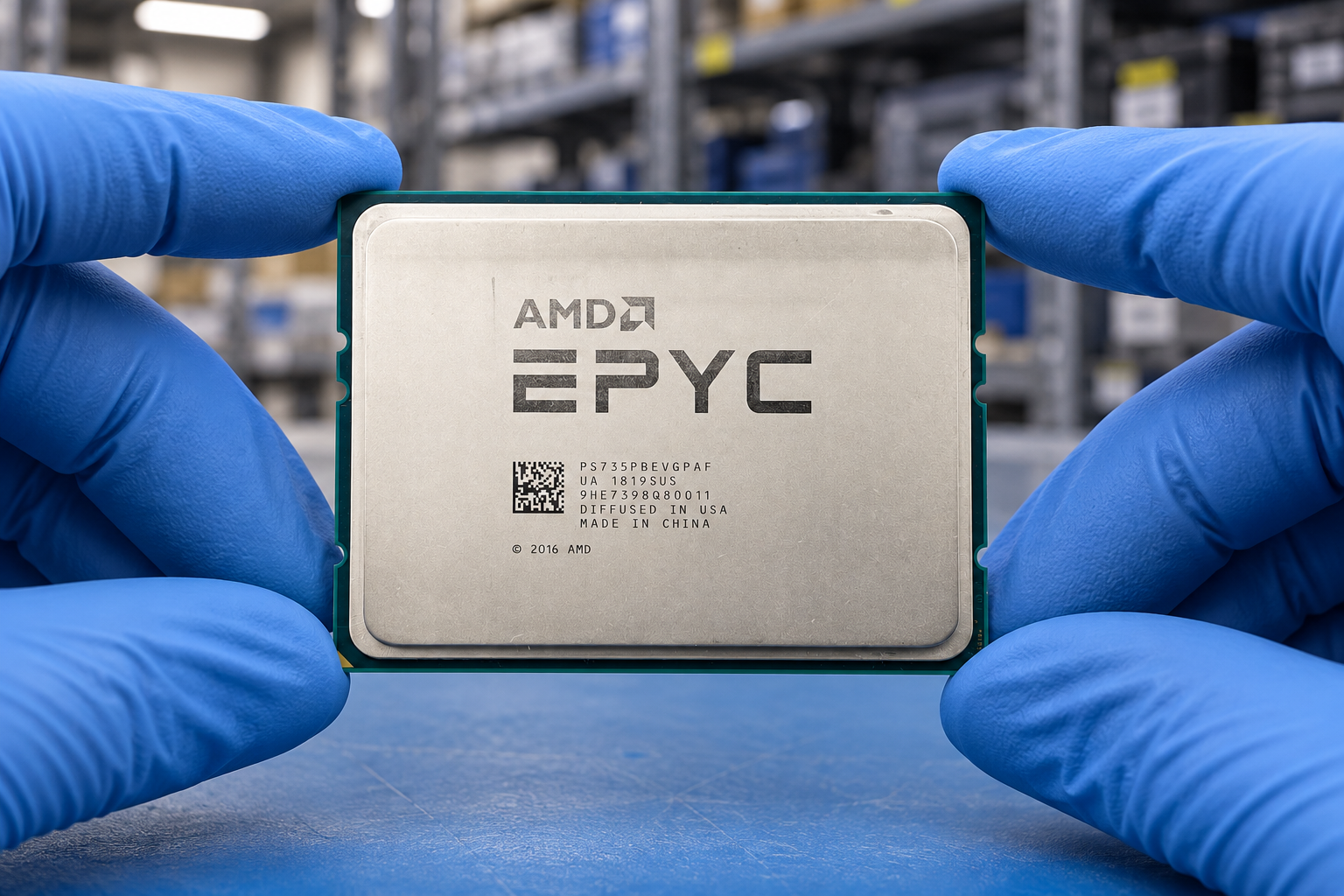 AMD EPYC 7351P held by two blue-gloved hands above a blue electronics workbench; generated scene