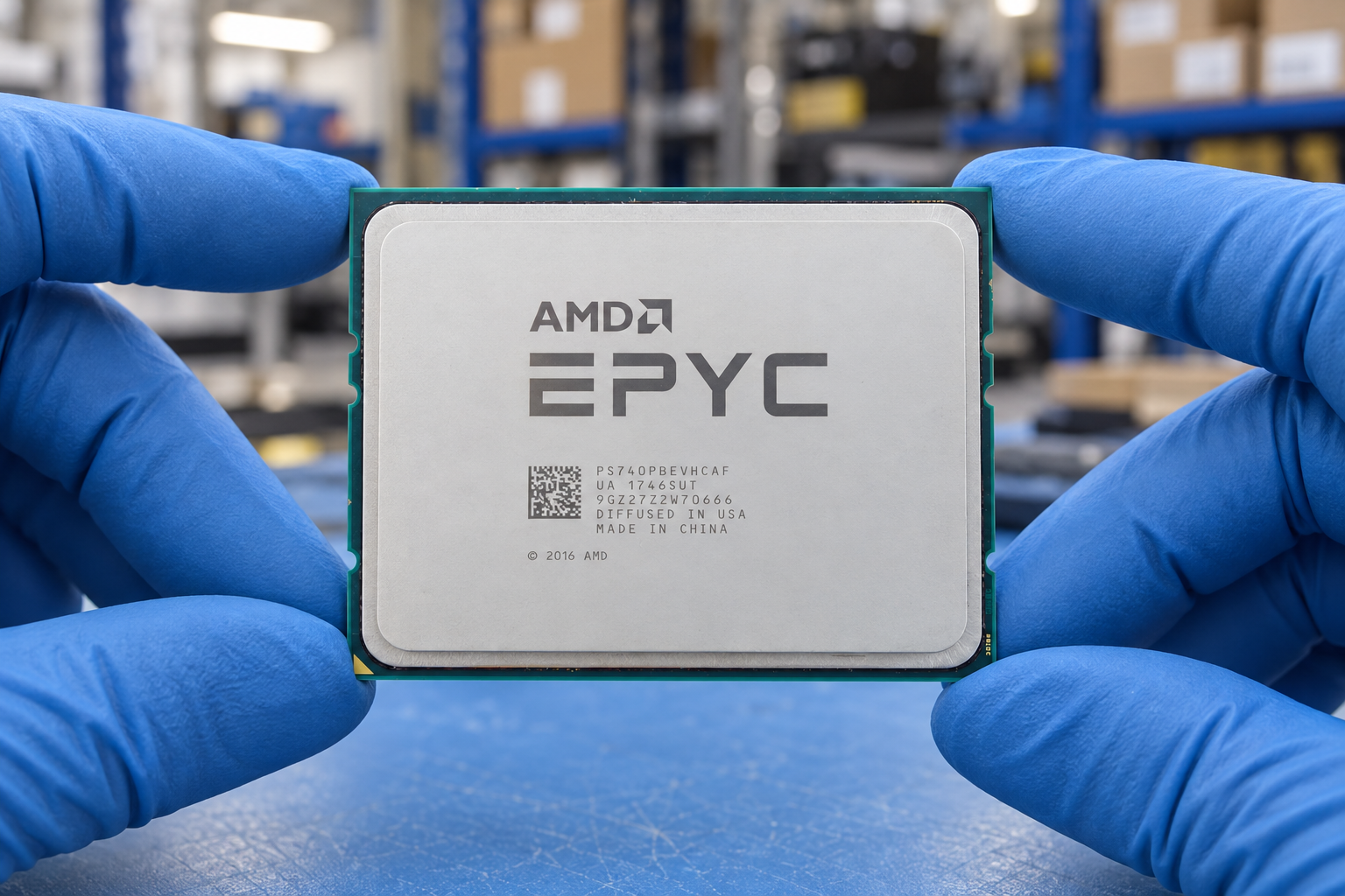 AMD EPYC 7401P held by two blue-gloved hands above a blue electronics workbench; generated scene